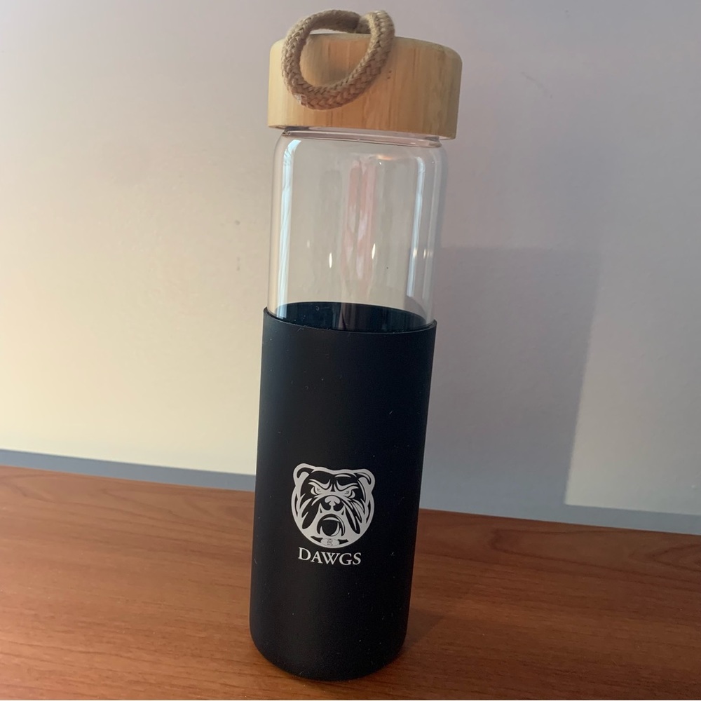 Dawgs University of Georgia 18 Oz Glass Bottle With Bamboo Covered Lid New